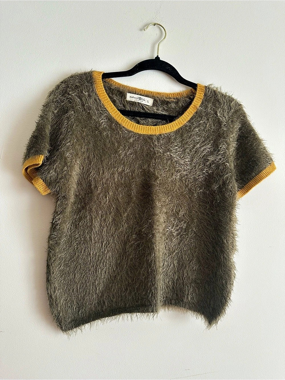 Natural Life Olive Cropped Sweater with Mustard Trim
